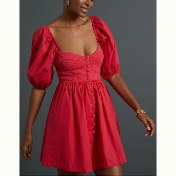 Anthropologie Dresses & Skirts - Anthropologie Maeve Red Puff Sleeve Button Up A-Line Corset Dress Large Milkmaid